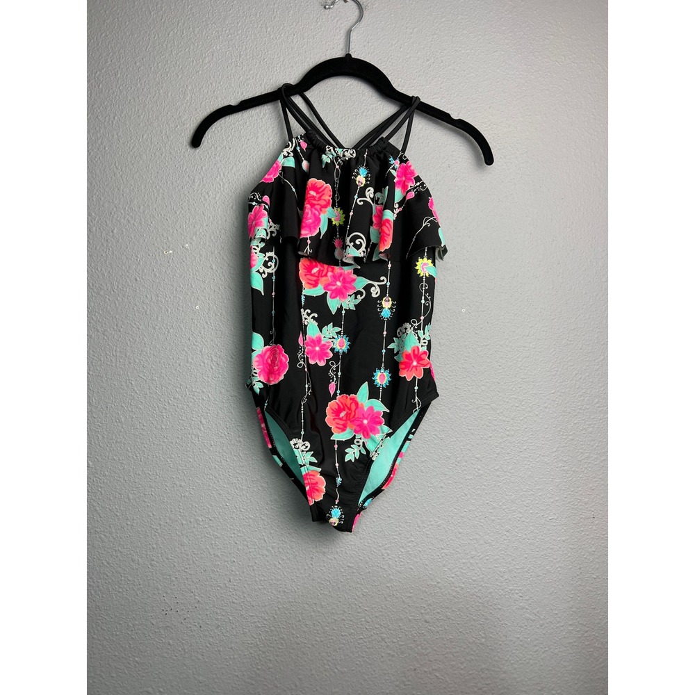 Girls Black Floral Ruffle One Piece Swimsuit Size L 10-12 Summer Beachwear